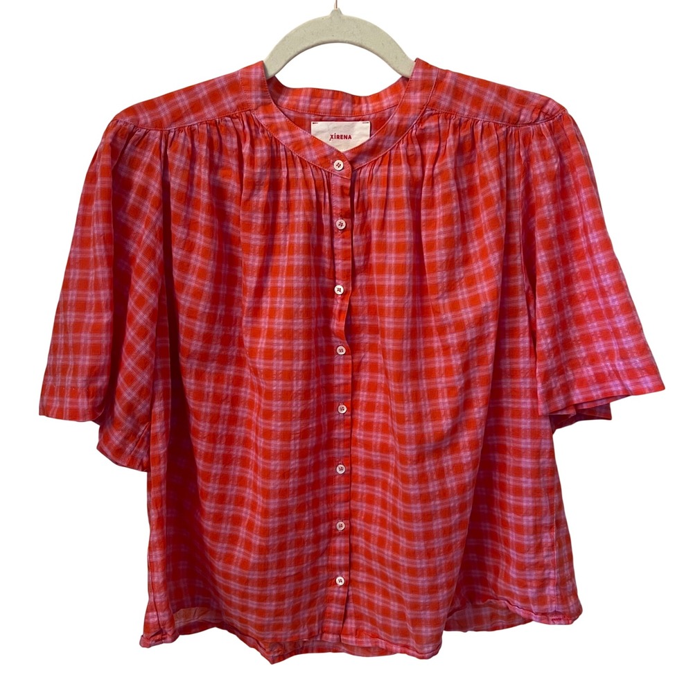 Xirena Womens Plaid Button Down Short Sleeve Top Band Collar Size Small